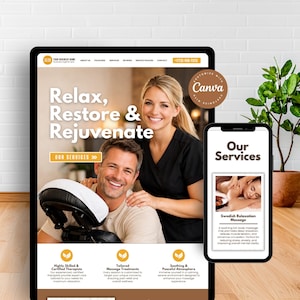 May include: A digital tablet and smartphone display a website promoting massage services. The website features the text "Relax, Restore & Rejuvenate" with images of people and service descriptions. A potted plant is in the background.