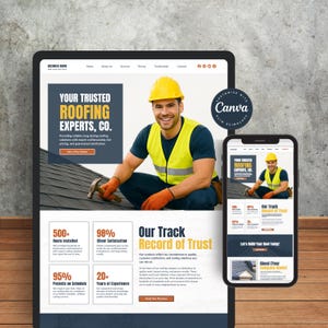 Plantilla de sitio web de techado en Canva para contratistas de techado, empresas de techado, sitios de marketing para constructoras y contratistas generales.