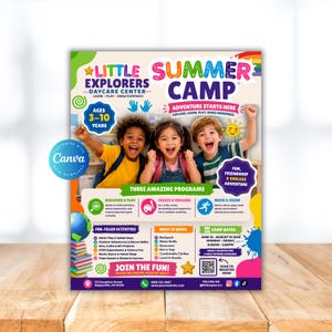 May include: A colorful flyer for a summer camp, featuring the text "Little Explorers Summer Camp" with images of children. The flyer highlights activities, camp dates, and registration information. The age range is 3-10 years.