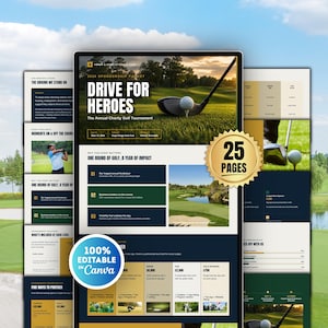 May include: A 25-page sponsorship packet for the Drive for Heroes charity golf tournament. The document features a golf ball on a tee, green course landscapes, and text sections detailing sponsorship packages, event highlights, and impact.
