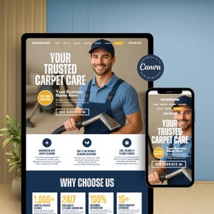 May include: A digital marketing advertisement for carpet cleaning services. The design features a man holding a carpet cleaning tool, with the text "YOUR TRUSTED CARPET CARE". The ad is displayed on a tablet and a smartphone.