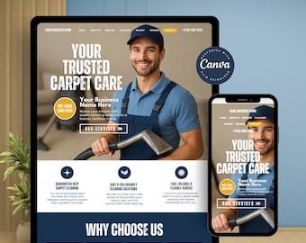 Carpet Cleaning Website Template for Carpet Cleaners, Upholstery Cleaner, Rug Cleaning, Carpet Cleaning Services, One-Page Canva Website