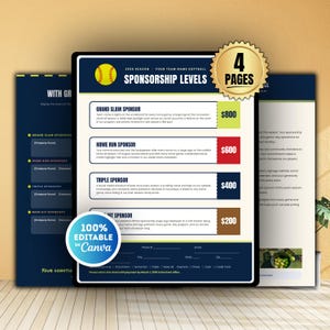 May include: A softball sponsorship levels flyer template featuring a yellow softball icon, four distinct sponsorship tiers with prices ranging from $200 to $800, and a 100% editable in Canva badge. The document includes sections for contact information and payment details.