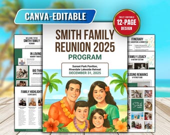 Plantilla de programa para reunión familiar hawaiana: Itinerario editable en Canva (descarga digital)