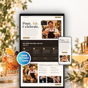 Può includere: Un modello di sito web digitale per un servizio di bar mobile chiamato Amber & Oak, con il testo Pour. Sip. Celebrate. Il layout include una sezione principale con una persona che tiene dei cocktail, descrizioni dei servizi e un'anteprima mobile.