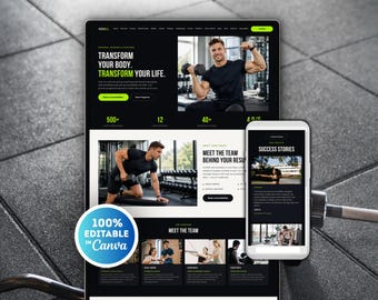 Fitness Coach Website Template Canva, Fitness Trainer Website, Personal Trainer Canva Website for Weight Loss, Wellness, Gym Template Canva