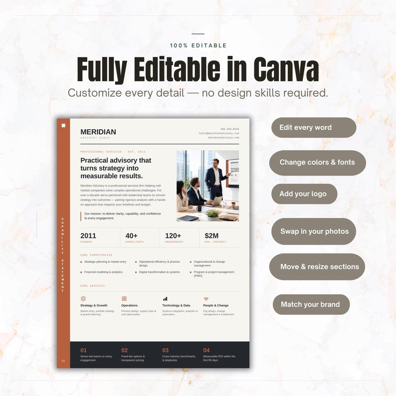 Charcoal & Clay Capability Statement Template Canva | Small Business Company Profile | Professional Services Marketing | Editable One Page & 2 Page PDF

capability statement
company profile
capability canva
capability design
consultant template
contractor template
Federal government
rfp proposal
capability template
GovernmentCapability
capability doc
Federal capability
professional profile