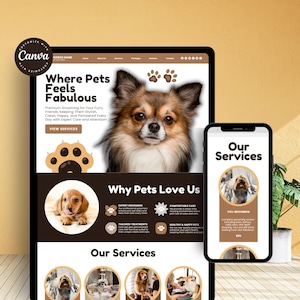 Pode incluir: Um design de site para um negócio de higiene de animais de estimação, exibido em um tablet e um smartphone. O site apresenta imagens de cães, pegadas e texto.