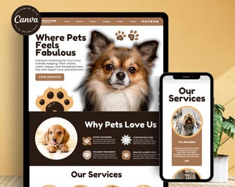 Pet Grooming Website Template, Pet Care Website Template for Pet Groomers, Dog Grooming Salon Pet Business, Doggy Daycare, Canva Website