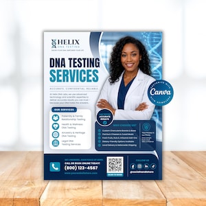 May include: A promotional flyer for Helix DNA Testing Services. The flyer features a smiling woman in a lab coat, with text that reads "DNA Testing Services" and lists various testing services. The flyer is blue and white with a DNA strand graphic.