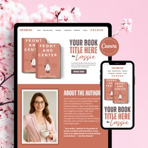 Könnte beinhalten: Ein Website-Design mit einem Buchcover mit dem Titel "Front and Center" von Olivia Nadal. Das Design umfasst eine Tablet- und Smartphone-Attrappe, die den Titel und den Autor des Buches sowie einen Abschnitt über den Autor zeigt.