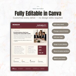 Burgundy & Brass Business Capability Statement Canva Template | Modern Company Profile | Consulting Firm Bid Proposal | Editable Marketing One Pager PDF

capability statement
company profile
capability canva
capability design
consultant template
contractor template
Federal government
rfp proposal
capability template
GovernmentCapability
capability doc
Federal capability
professional profile