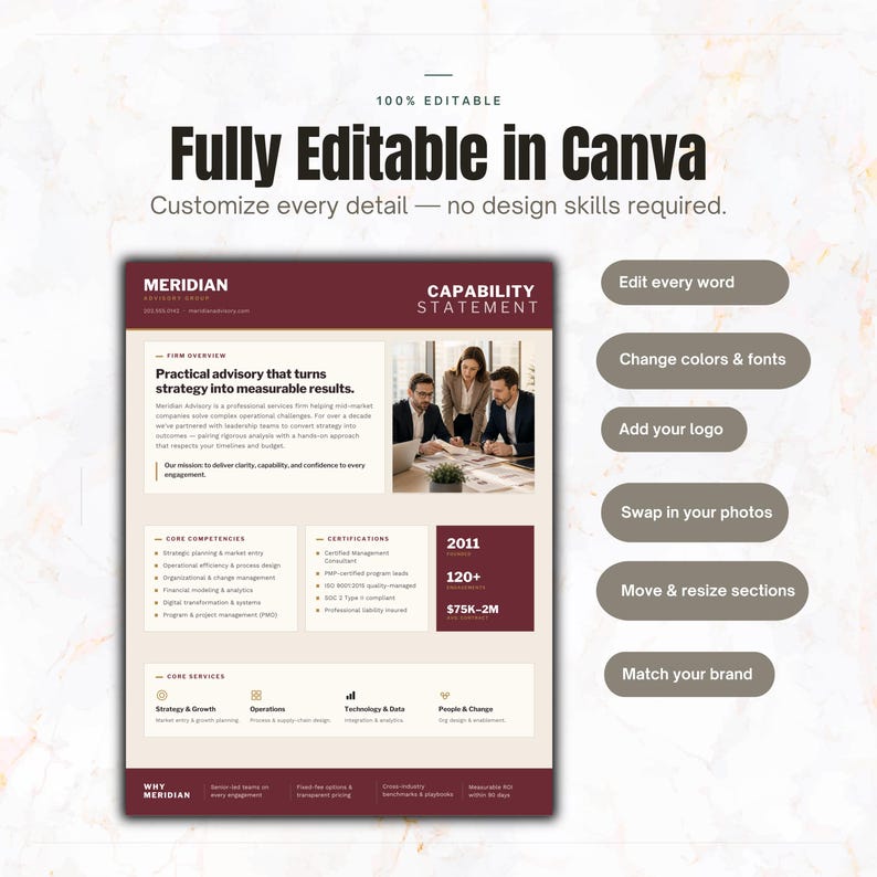 Burgundy & Brass Business Capability Statement Canva Template | Modern Company Profile | Consulting Firm Bid Proposal | Editable Marketing One Pager PDF

capability statement
company profile
capability canva
capability design
consultant template
contractor template
Federal government
rfp proposal
capability template
GovernmentCapability
capability doc
Federal capability
professional profile
