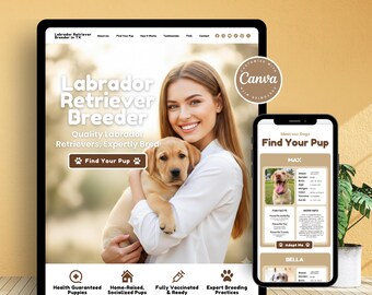 Plantilla de sitio web para criadores de labradores, plantilla de sitio web para adopción de cachorros (Canva), página de venta de cachorros, plantilla de sitio web para criadores de cachorros