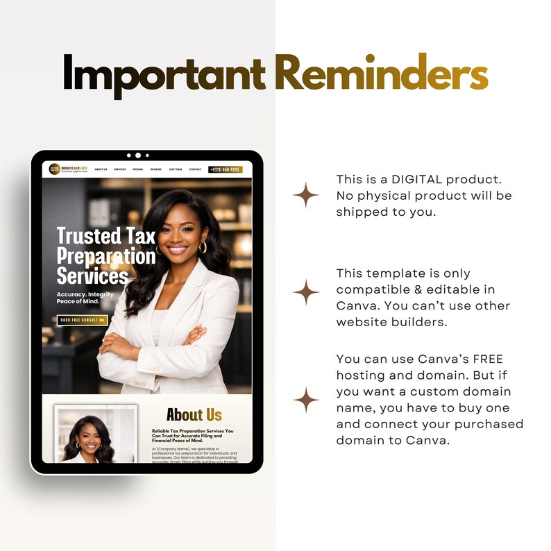 Tax Preparer Website Template Black Gold, Tax Website Template Canva