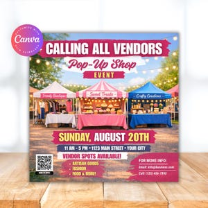 May include: Event flyer with the text "Calling All Vendors Pop-Up Shop Event." The flyer promotes a pop-up shop on Sunday, August 20th, from 11 AM to 5 PM. It lists artisan goods, fashion, and food. Contact info is provided.