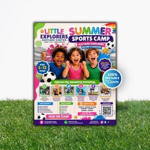 Kids Sports Camp Flyer Template Canva, Kids Summer Camp Flyer Template, Kids Bootcamp Flyer, Youth Program Flyer, School Camp Flyer Editable