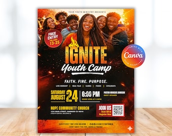 Ignite Youth Flyer Template, Youth Conference Flyer Canva, Fire Theme Church Flyer Canva Template, Youth Group Modern Church Flyer, Digital
