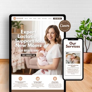 May include: A digital tablet and smartphone display a website promoting lactation support for new mothers. The tablet shows a woman holding a baby, with text reading "Expert Lactation Support for New Moms." The phone displays "Our Services."