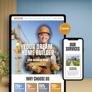 May include: A digital marketing image for a home builder. The image features a tablet and a smartphone displaying a website. The tablet shows a smiling man in a hard hat with the text "Your Dream Home Builder". The smartphone displays "Our Services".