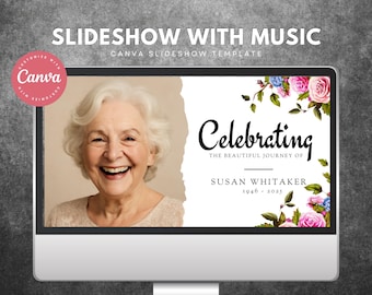May include: A computer monitor shows a slideshow template with the text "SLIDESHOW WITH MUSIC" and "CANVA SLIDESHOW TEMPLATE." The slideshow includes a photo of a smiling woman and the words "Celebrating the Beautiful Journey of Susan Whitaker 1946-2025."