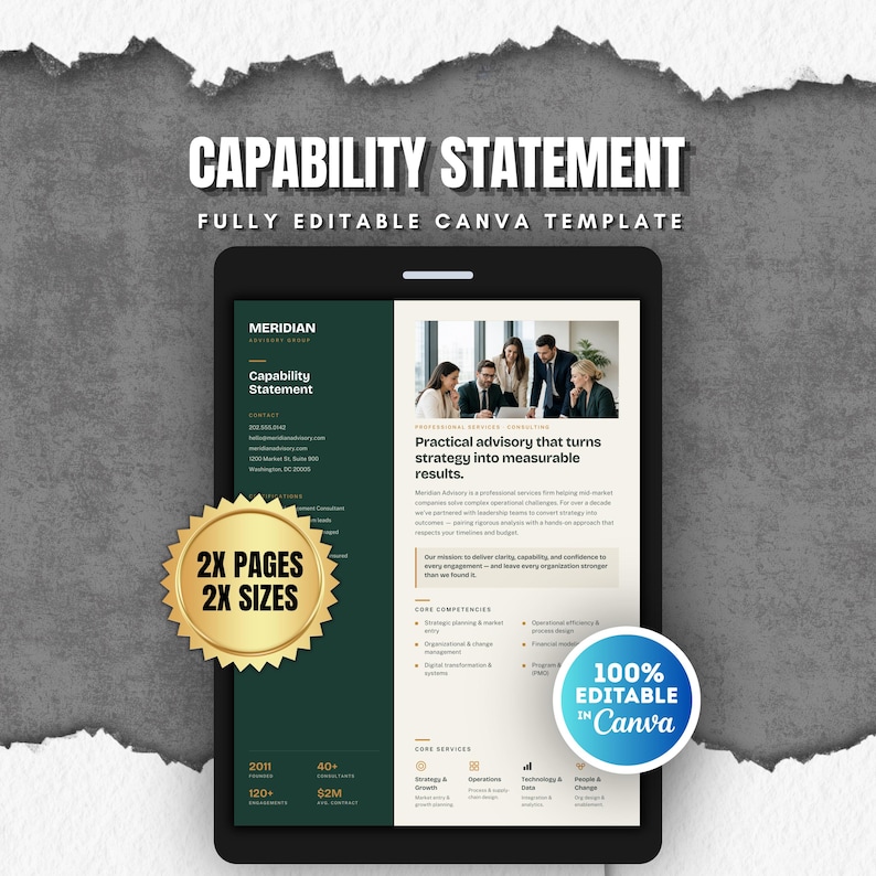 Editable Capability Statement Template Green & Ochre  | Company Profile Design for Consultants & Contractors | Canva Business Template | US Letter A4

capability statement
company profile
capability canva
capability design
consultant template
contractor template
Federal government
rfp proposal
capability template
GovernmentCapability
capability doc
Federal capability
professional profile
