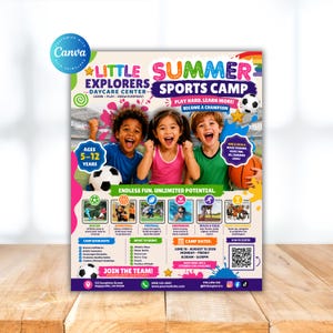 May include: A colorful flyer for "Little Explorers Summer Sports Camp" featuring three excited children. The flyer includes camp highlights, dates, and a QR code. The age range is 5-12 years old. The flyer is on a wooden surface.