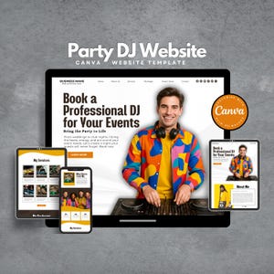 Modelo de site para DJ, modelo de banner para site, landing page do Canva e modelo de página de vendas para serviços de DJ para casamentos e festas, site de reserva de DJ