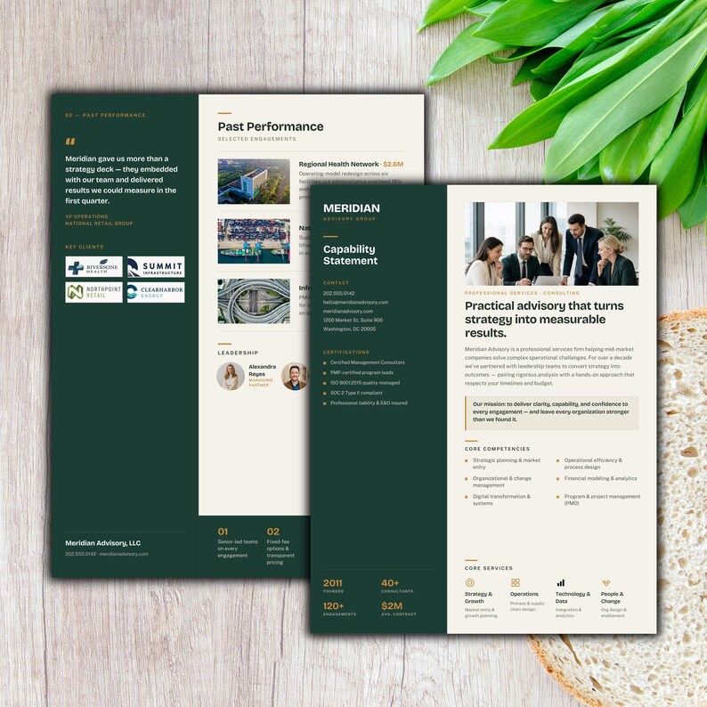 Editable Capability Statement Template Green & Ochre  | Company Profile Design for Consultants & Contractors | Canva Business Template | US Letter A4

capability statement
company profile
capability canva
capability design
consultant template
contractor template
Federal government
rfp proposal
capability template
GovernmentCapability
capability doc
Federal capability
professional profile