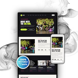 May include: A website layout for a dance studio named Pulse, displayed on a desktop monitor and a smartphone. The design features black backgrounds, neon green text, and images of dancers. Text includes "Move with the culture" and "Built on rhythm".