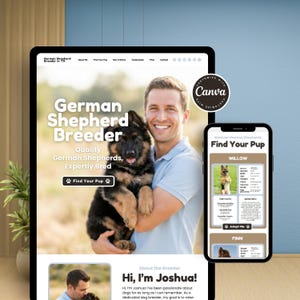 以下が含まれることがあります： タブレットとスマートフォンに表示されたジャーマンシェパードブリーダーのウェブサイトデザイン。タブレットにはブリーダーのロゴと子犬を抱いた男性が表示されています。スマートフォンにはウィローという名前の犬のプロフィールが表示されています。