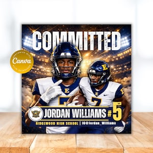 Op de afbeelding: Een digitale afbeelding met twee American football spelers in blauwe en witte uniformen. Het woord "COMMITTED" staat bovenaan. De tekst "JORDAN WILLIAMS #5" staat eronder, met "RIDGEWOOD HIGH SCHOOL | IG@Jordan_Williams" eronder.