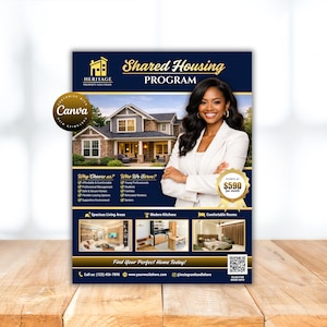 May include: A promotional flyer for a shared housing program. The design features a woman in a white blazer, a house image, and text that reads "Shared Housing Program." The flyer includes details about the program and contact information.