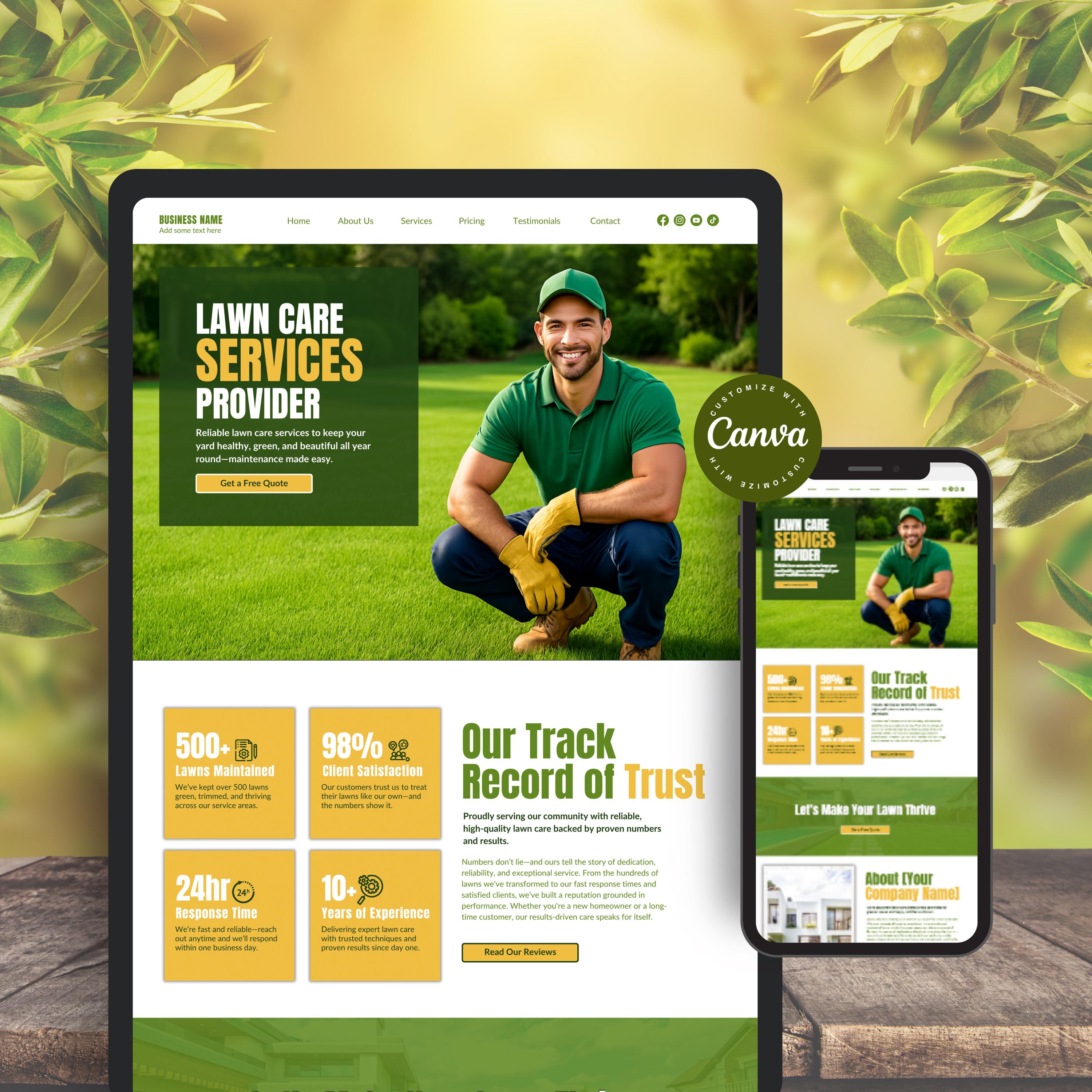 Lawn Care Website Template Canva, Landscaper Web Design for Landscaping
