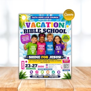 Puede incluir: Un folleto colorido para la Escuela Bíblica de Vacaciones, con cuatro niños sonriendo. El folleto incluye texto como "¡Brilla por Jesús!" y "¡Actividades increíbles!" con fechas y un código QR. El fondo tiene un diseño de cielo y sol.