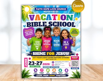 Flyer Vacation Bible School, VBS Invite Flyer Template Editable, VBS Flyer Template Canva, Kids Ministry Flyer Printable, Bible Study Flyer