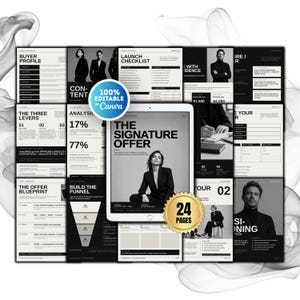 May include: A digital document template set featuring 24 pages of business planning layouts, including a buyer profile, launch checklist, and offer blueprint. The design uses a black and white color scheme with bold typography and photography.