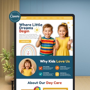 Peut inclure: Une tablette numérique affiche une publicité pour une garderie. La publicité présente le texte « Where Little Dreams Begin » avec des images d'enfants. La conception comprend un arc-en-ciel, un soleil et les mots « Why Kids Love Us ».