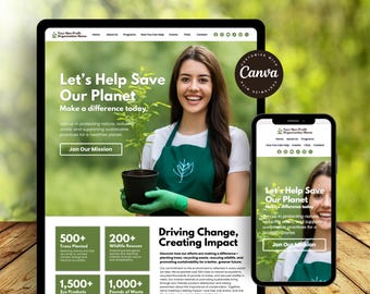 Nonprofit Donation One Page Canva Website Template, Nonprofit Landing Page for Environmental Conservation, Charity Website Template Canva