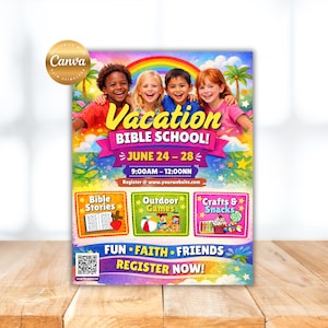 Könnte beinhalten: Ein farbenfrohes Plakat, das für die Ferienbibelschule wirbt, mit einem Regenbogen und vier lächelnden Kindern. Das Plakat enthält den Text "Vacation Bible School!" und Details zur Veranstaltung, einschließlich Daten, Zeiten und Aktivitäten.
