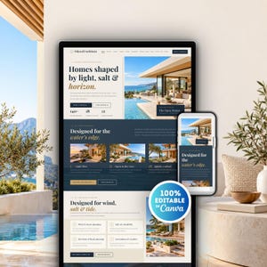 May include: A digital website template for Tidewell Architects displayed on a desktop monitor and a smartphone screen. The layout features a beige and dark blue color scheme with text, architectural photography, and a circular badge stating 100% Editable in Canva.