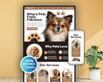 Pet Grooming Website Template, Pet Care Website Template for Pet Groomers, Dog Grooming Salon Pet Business, Doggy Daycare, Canva Website