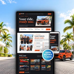 May include: A digital display of a car rental website on a desktop monitor and smartphone, featuring an orange SUV, text reading Your ride, ready now, and a circular badge stating 100% Editable in Canva against a palm tree background.
