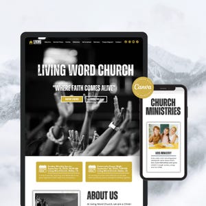 Könnte beinhalten: Eine digitale Anzeige der Website von Living Word Church mit dem Text "Living Word Church" und "Where Faith Comes Alive". Ein Smartphone zeigt "Church Ministries" und "Kids Ministry" an.