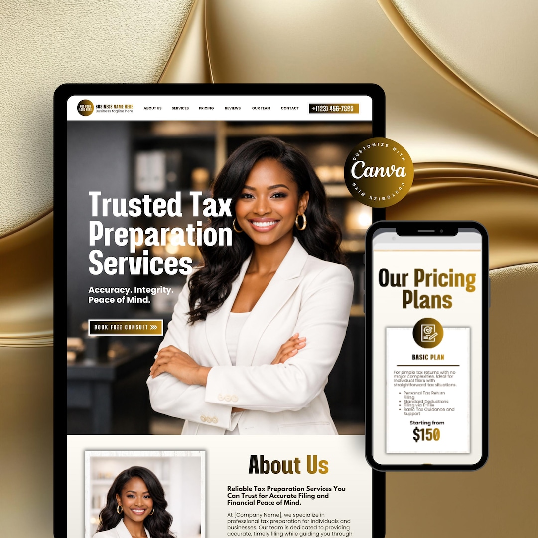 Tax Preparer Website Template Black Gold, Tax Website Template Canva