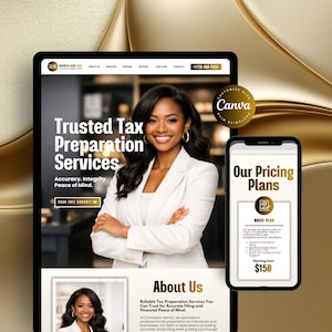 May include: A digital display of a tax preparation service advertisement. The main screen shows "Trusted Tax Preparation Services" with a smiling woman in a white blazer. A smaller screen displays "Our Pricing Plans". The background is gold.