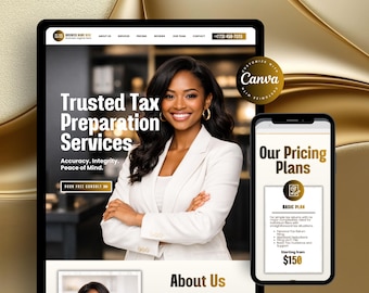 Tax Preparer Website Template Black Gold, Tax Website Template Canva, Tax Preparation Services Landing Page, Accounting Website Template