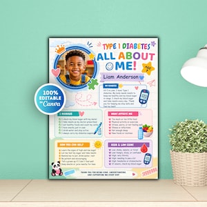 Puede incluir: Un póster informativo sobre diabetes tipo 1 con la foto de un niño, el texto 'TYPE 1 DIABETES ALL ABOUT ME!' y secciones tituladas 'MY DIABETES', 'I MANAGE', 'WHAT AFFECTS ME' y 'HOW YOU CAN HELP' con iconos y gráficos coloridos.