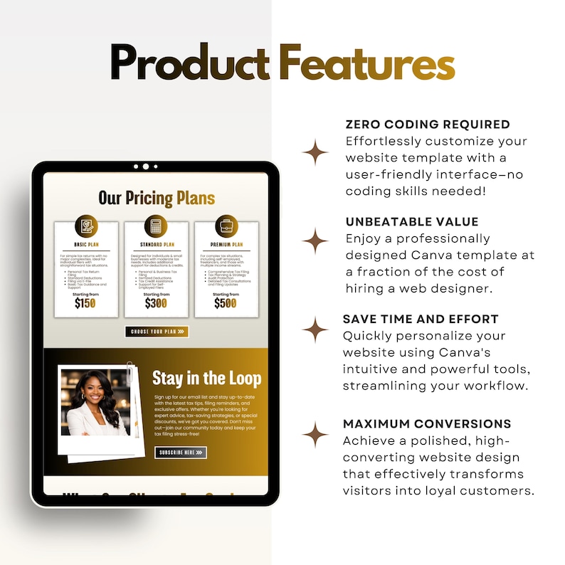 Tax Preparer Website Template Black Gold, Tax Website Template Canva