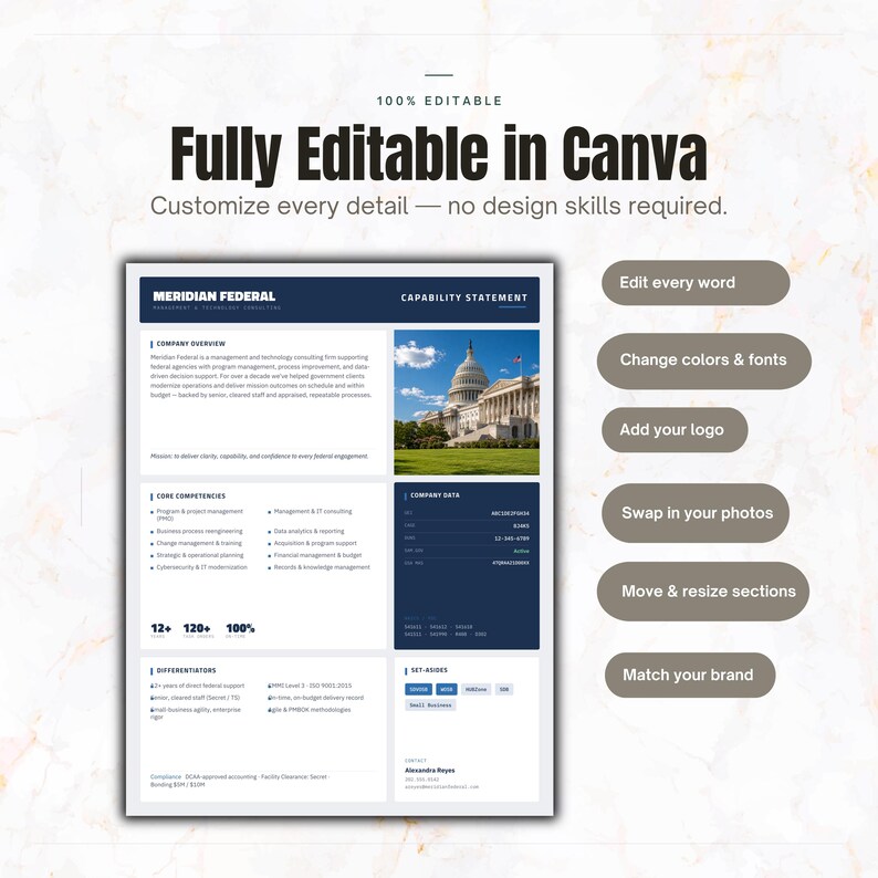Capability Statement Template Canva | Government & Federal Capability Statement | Small Business Contractor Company Profile Editable

federal capability
government capability
federal government
capability statement
company profile
capability canva
capability design
consultant template
contractor template
rfp proposal
capability template
capability doc
professional profile